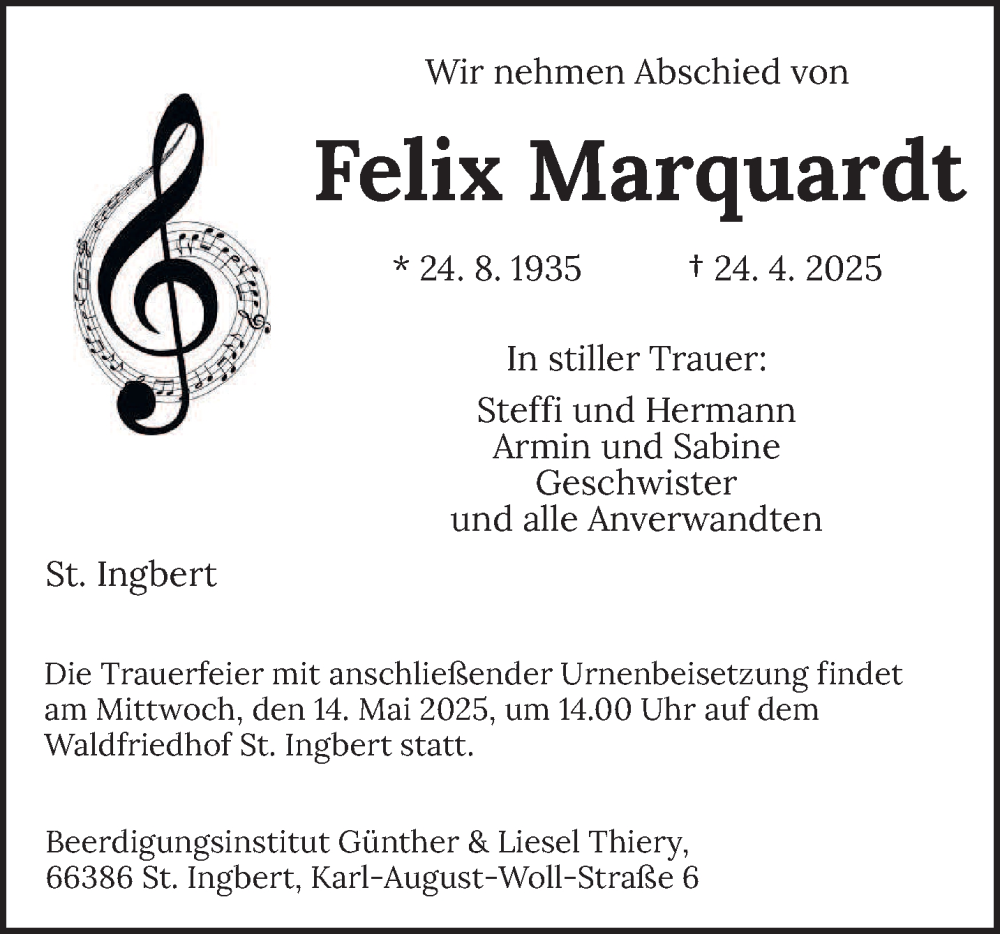  Traueranzeige für Felix Marquardt vom 03.05.2025 aus saarbruecker_zeitung