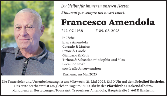 Traueranzeige von Francesco Amendola von saarbruecker_zeitung