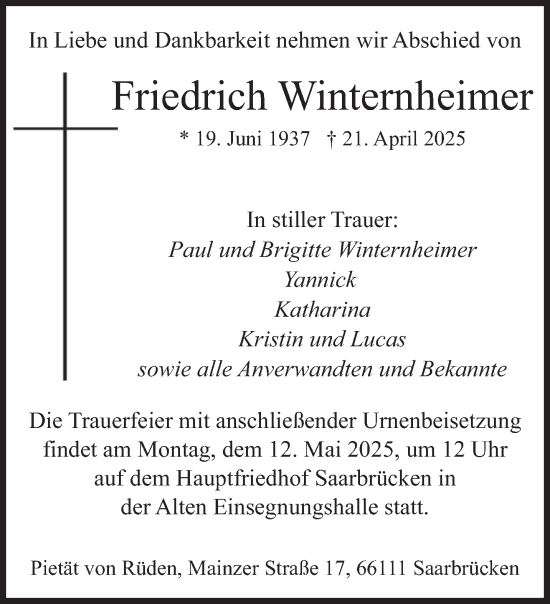 Traueranzeige von Friedrich Winternheimer von saarbruecker_zeitung