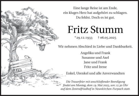 Traueranzeige von Fritz Stumm von saarbruecker_zeitung