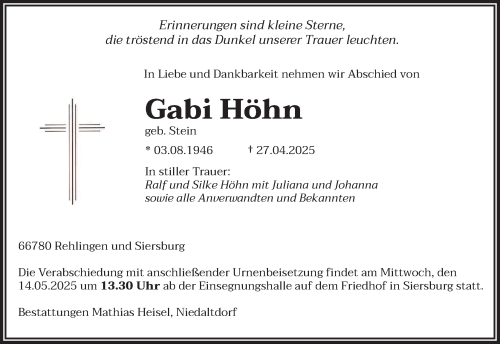  Traueranzeige für Gabi Höhn vom 10.05.2025 aus saarbruecker_zeitung