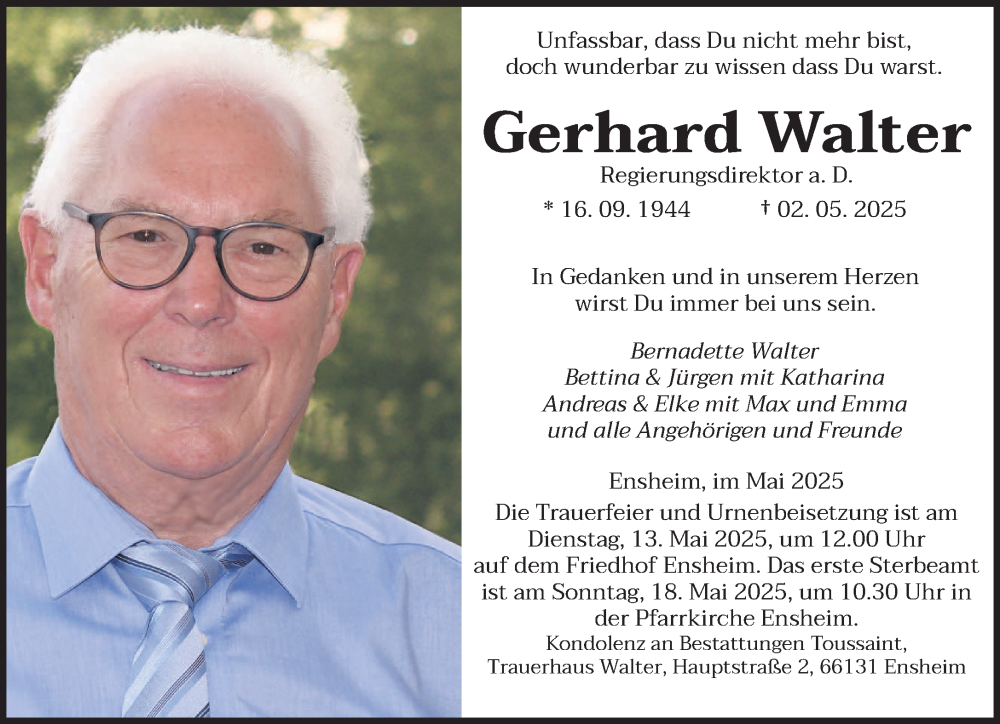 Traueranzeige für Gerhard Walter vom 10.05.2025 aus saarbruecker_zeitung