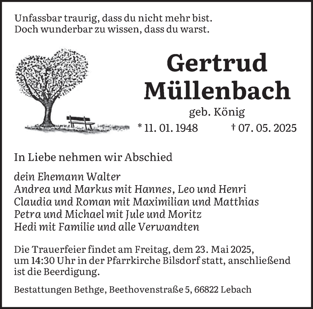  Traueranzeige für Gertrud Müllenbach vom 17.05.2025 aus saarbruecker_zeitung