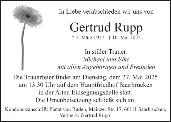 Traueranzeige von Gertrud Rupp von saarbruecker_zeitung