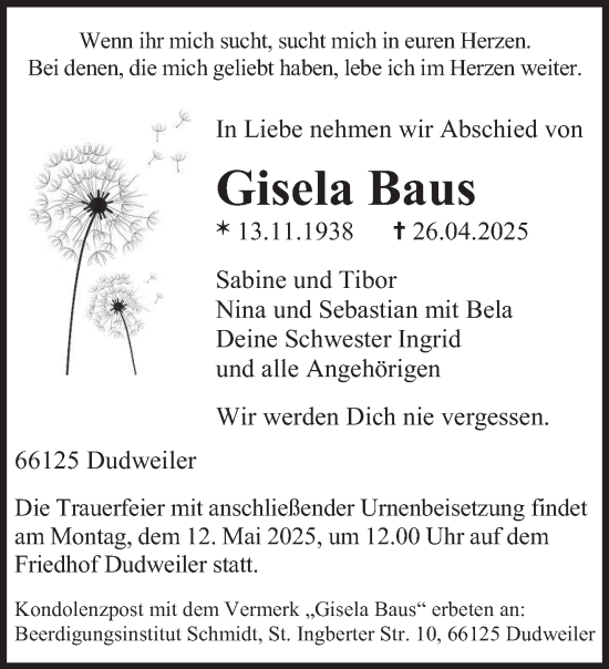 Traueranzeige von Gisela Baus von saarbruecker_zeitung