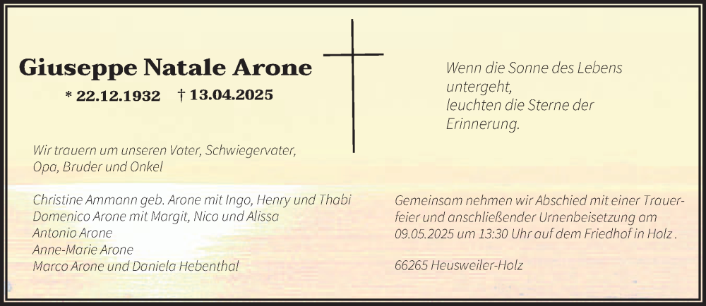  Traueranzeige für Giuseppe Natale Arone vom 03.05.2025 aus saarbruecker_zeitung