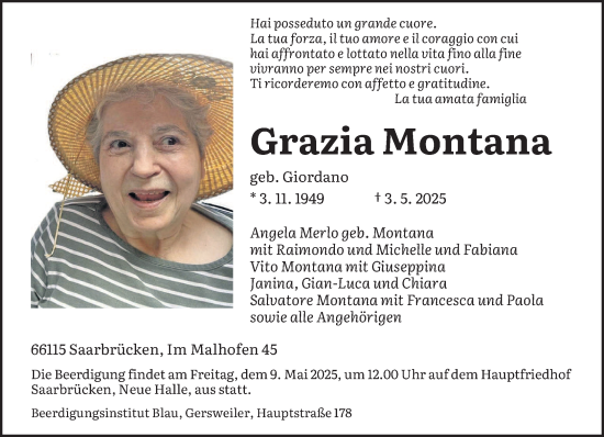 Traueranzeige von Grazia Montana von saarbruecker_zeitung