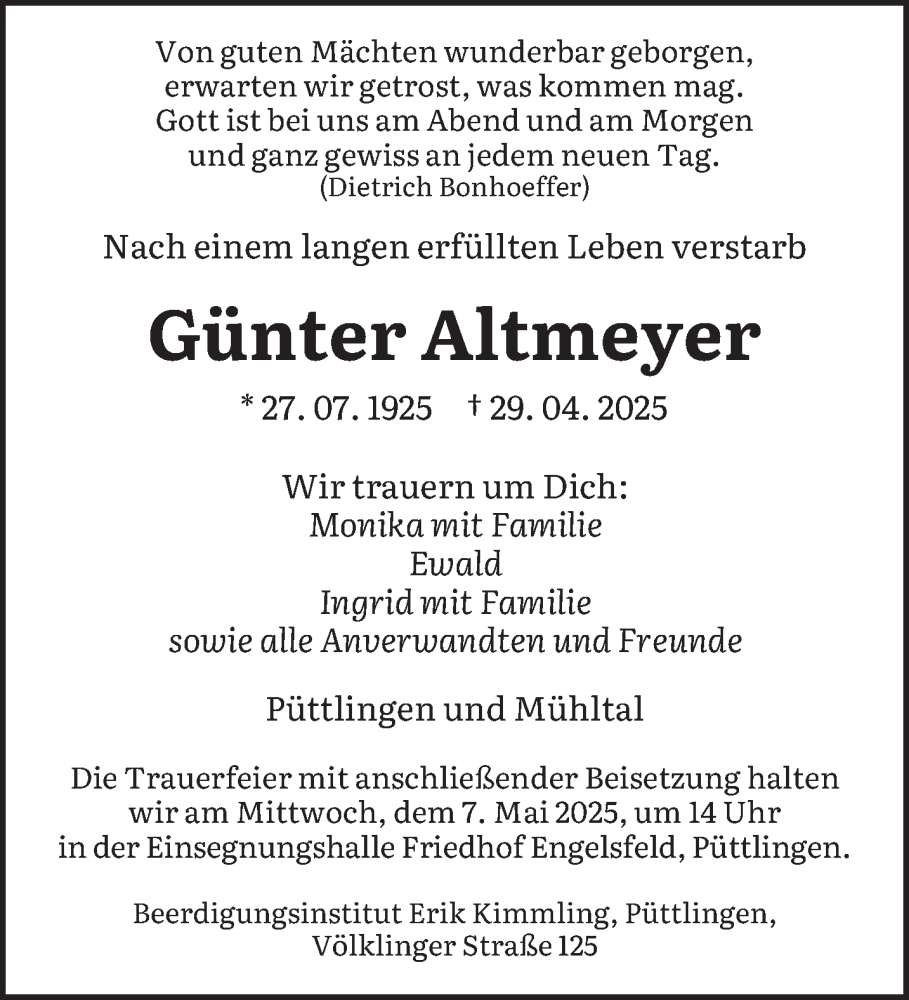  Traueranzeige für Günter Altmeyer vom 03.05.2025 aus saarbruecker_zeitung