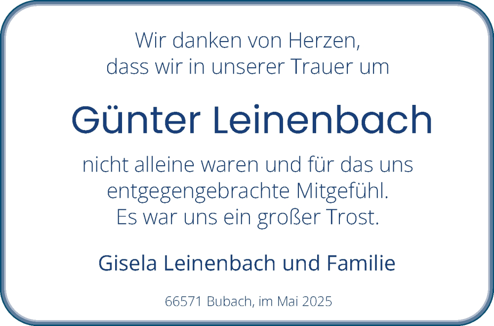  Traueranzeige für Günter Leinenbach vom 10.05.2025 aus saarbruecker_zeitung