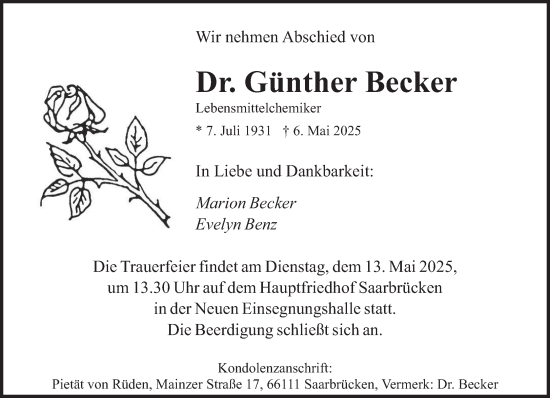Traueranzeige von Günther Becker von saarbruecker_zeitung