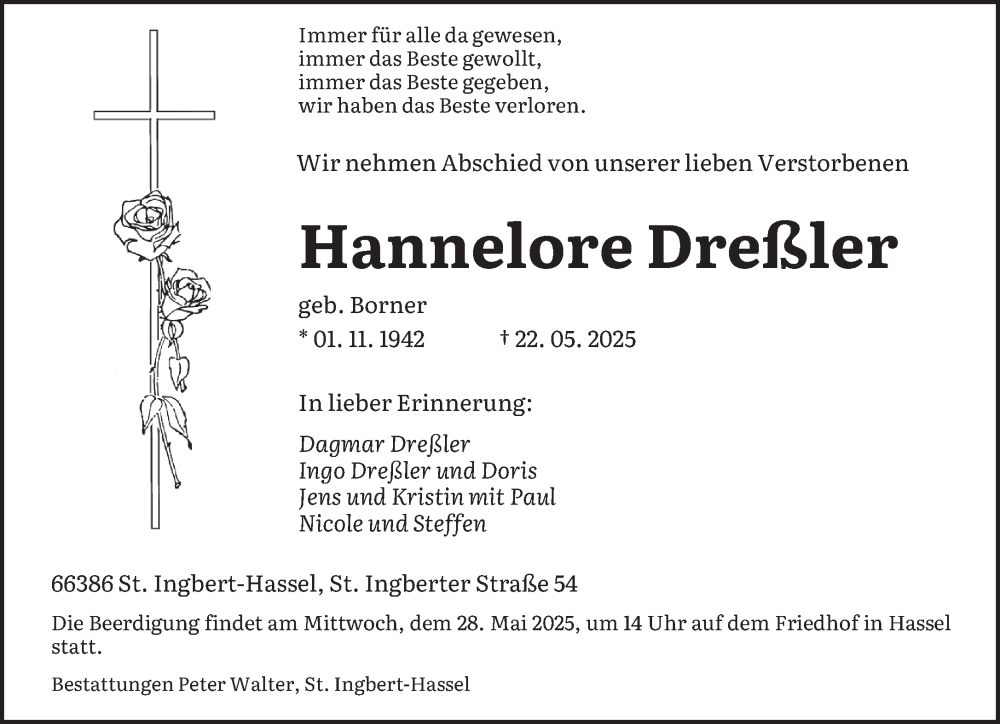  Traueranzeige für Hannelore Dreßler vom 27.05.2025 aus saarbruecker_zeitung