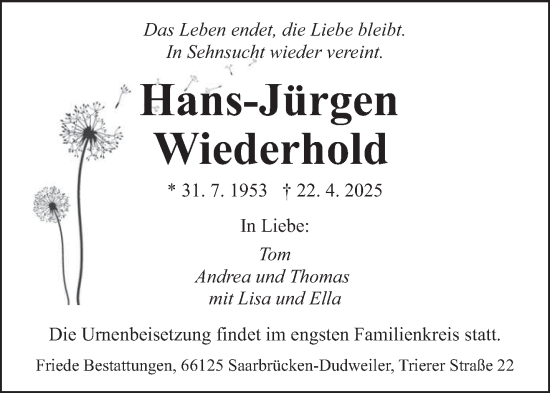 Traueranzeige von Hans-Jürgen Wiederhold von saarbruecker_zeitung