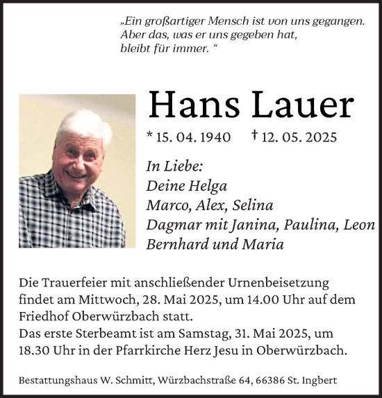 Traueranzeige von Hans Lauer von saarbruecker_zeitung