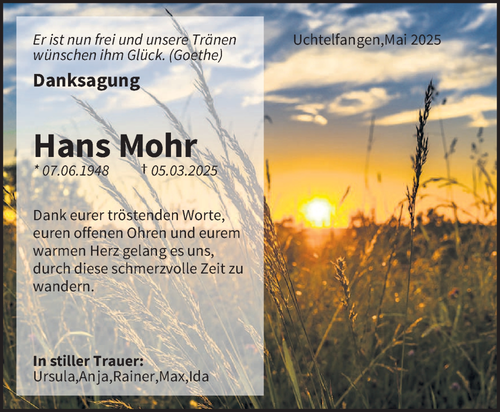  Traueranzeige für Hans Mohr vom 17.05.2025 aus saarbruecker_zeitung