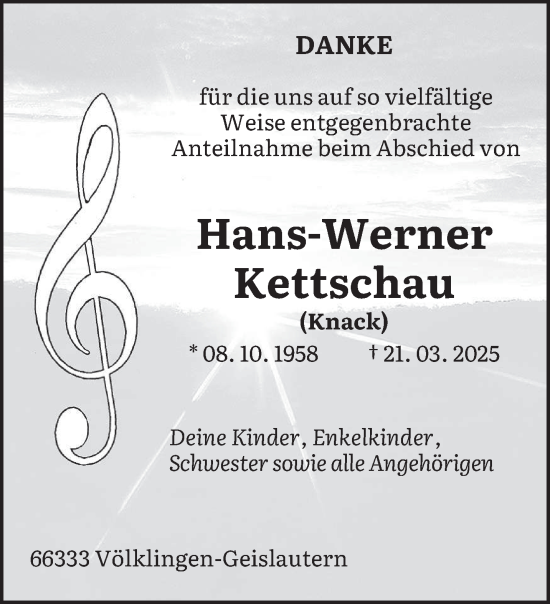 Traueranzeige von Hans-Werner Kettschau von saarbruecker_zeitung