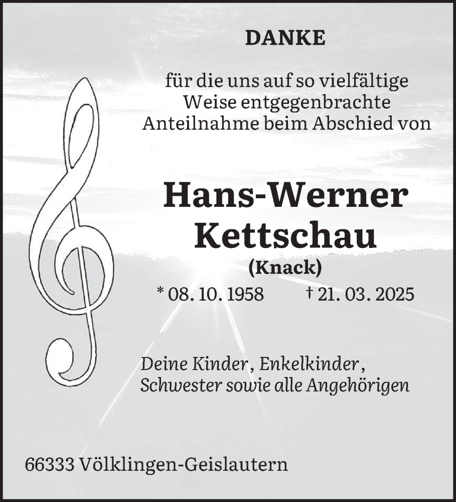  Traueranzeige für Hans-Werner Kettschau vom 17.05.2025 aus saarbruecker_zeitung