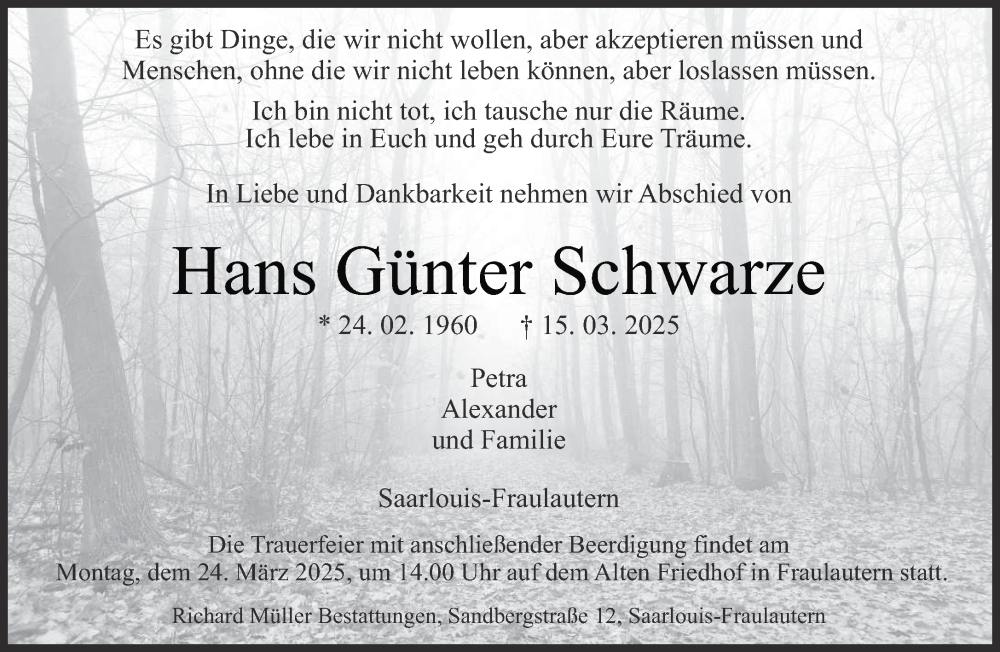  Traueranzeige für Hans Günter Schwarze vom 20.03.2025 aus saarbruecker_zeitung