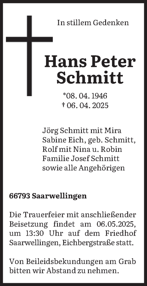  Traueranzeige für Hans Peter Schmitt vom 03.05.2025 aus saarbruecker_zeitung