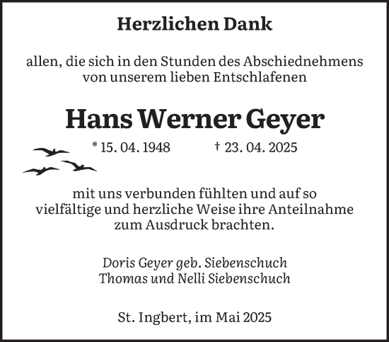 Traueranzeige von Hans Werner Geyer von saarbruecker_zeitung