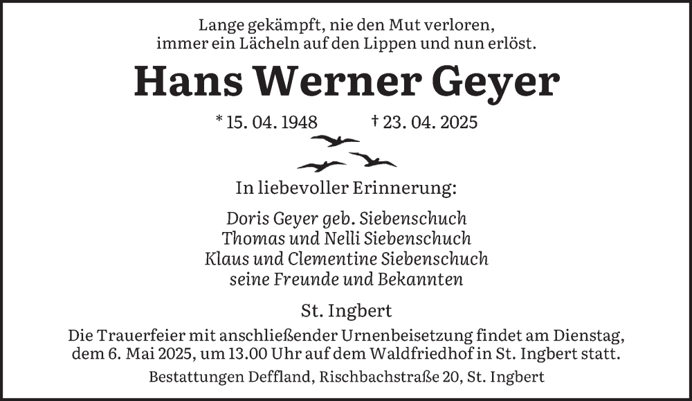  Traueranzeige für Hans Werner Geyer vom 03.05.2025 aus saarbruecker_zeitung