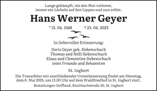 Traueranzeige von Hans Werner Geyer von saarbruecker_zeitung
