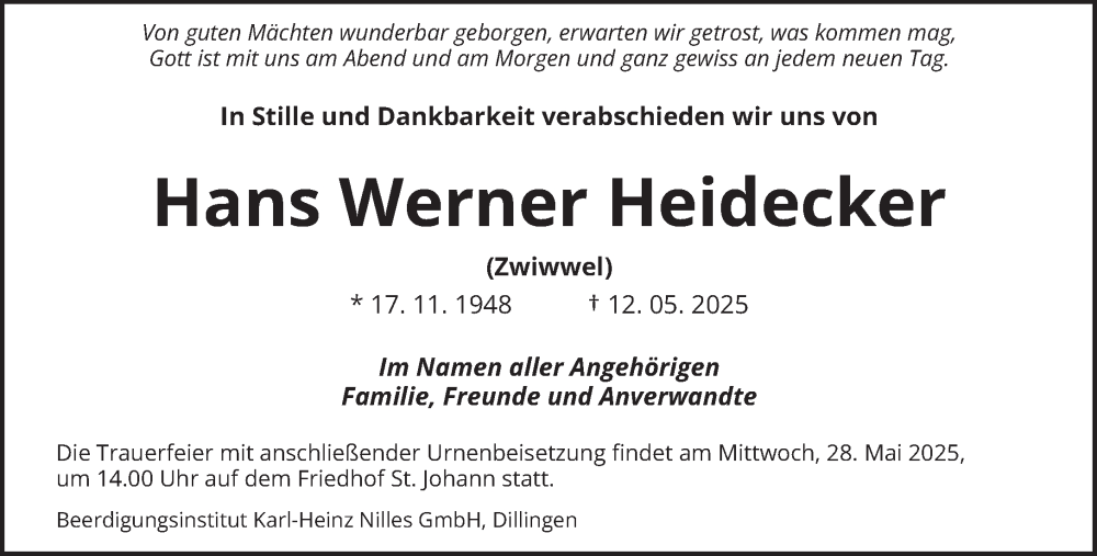  Traueranzeige für Hans Werner Heidecker vom 24.05.2025 aus saarbruecker_zeitung