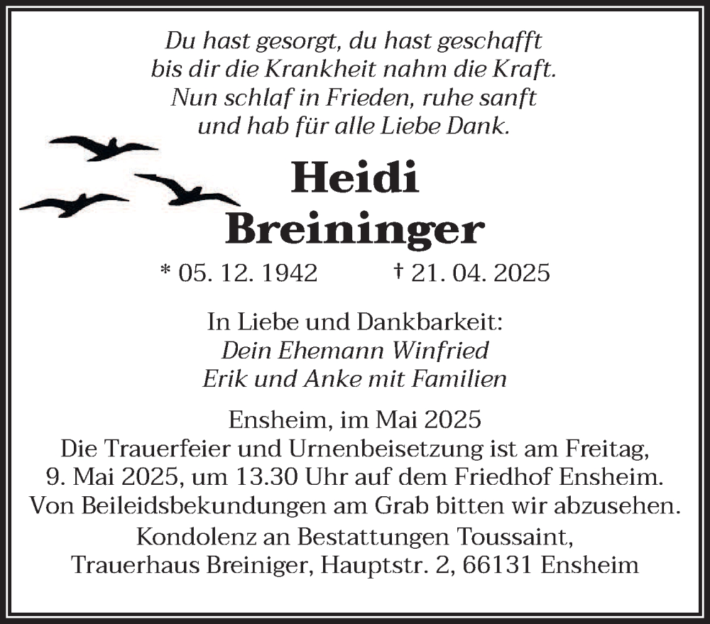  Traueranzeige für Heidi Breininger vom 03.05.2025 aus saarbruecker_zeitung