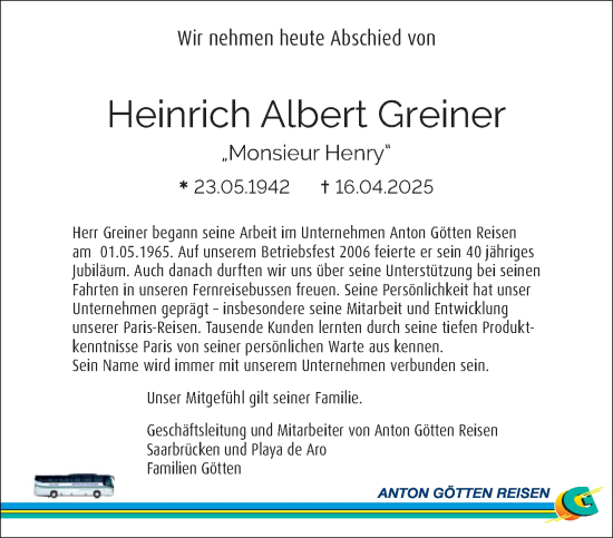 Traueranzeige von Heinrich Albert Greiner von saarbruecker_zeitung