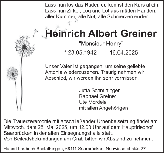 Traueranzeige von Heinrich Albert Greiner von saarbruecker_zeitung