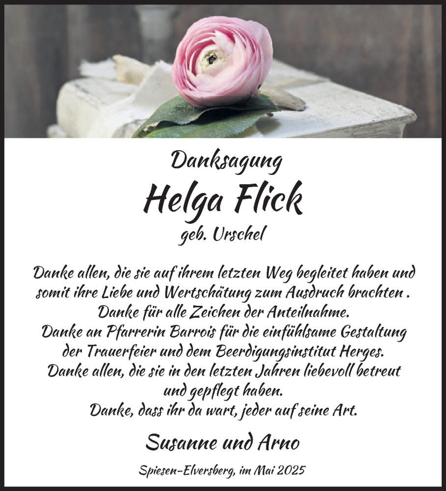  Traueranzeige für Helga Flick vom 17.05.2025 aus saarbruecker_zeitung