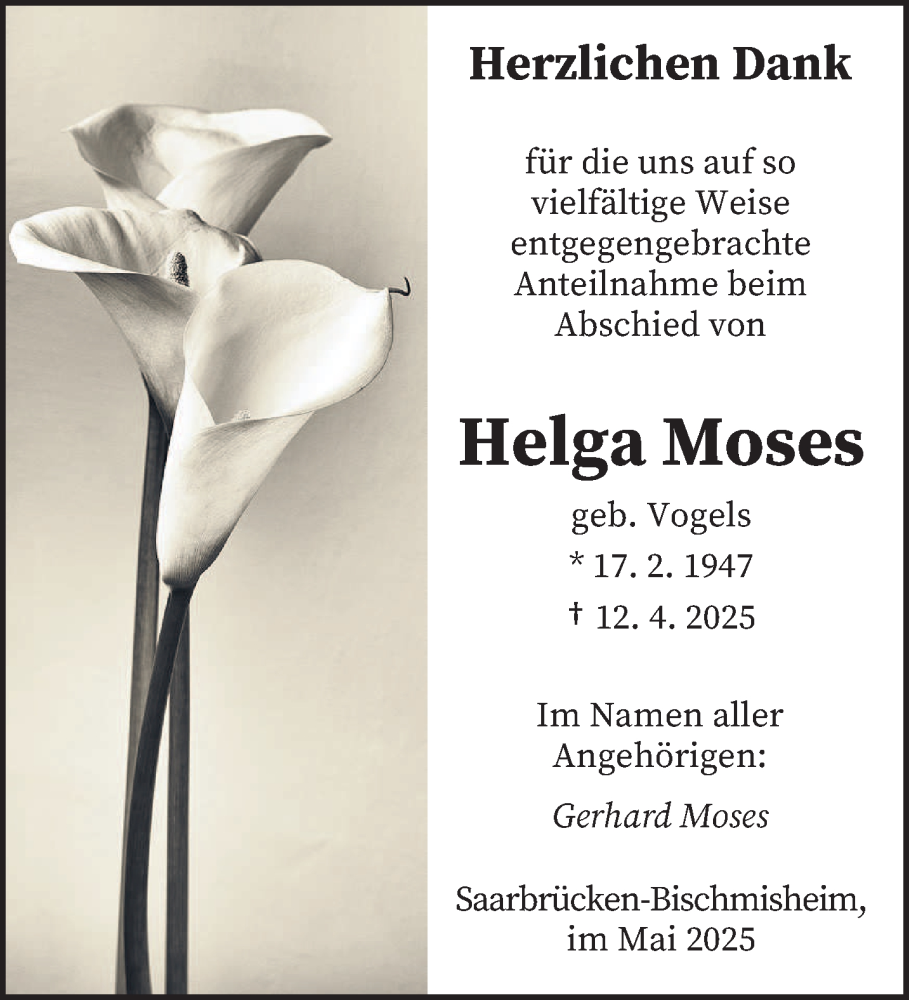  Traueranzeige für Helga Moses vom 10.05.2025 aus saarbruecker_zeitung