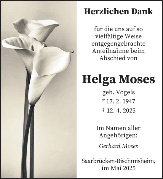 Traueranzeige von Helga Moses von saarbruecker_zeitung