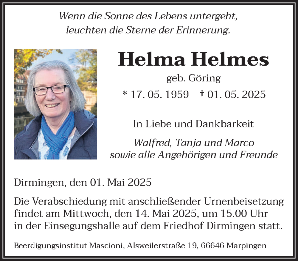  Traueranzeige für Helma Helmes vom 10.05.2025 aus saarbruecker_zeitung
