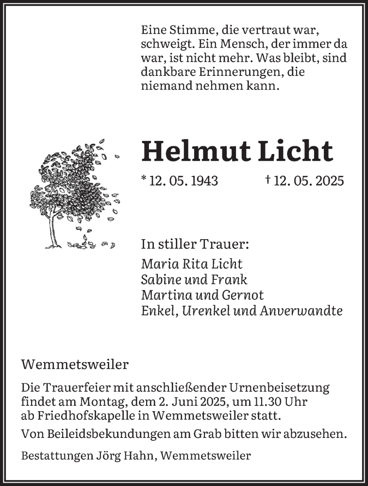  Traueranzeige für Helmut Licht vom 24.05.2025 aus saarbruecker_zeitung