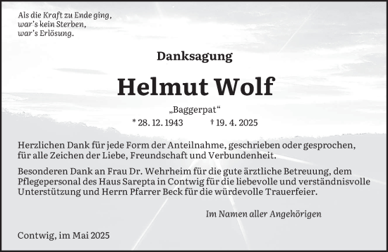 Traueranzeige von Helmut Wolf von saarbruecker_zeitung