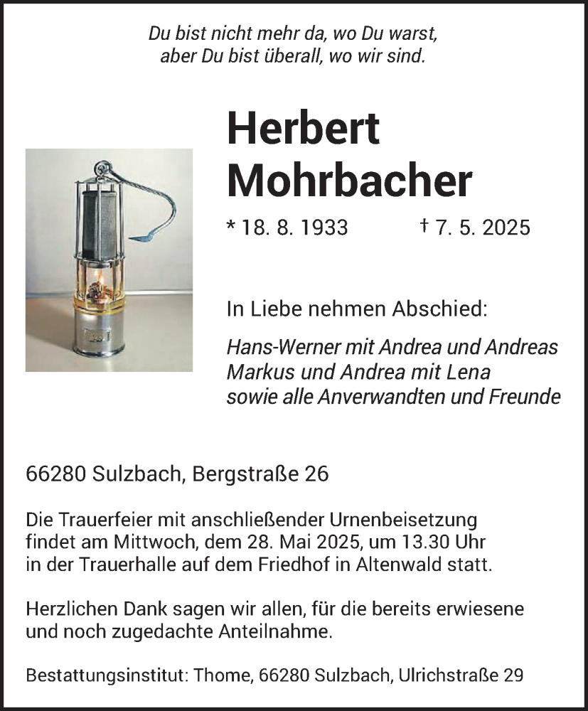  Traueranzeige für Herbert Mohrbacher vom 24.05.2025 aus saarbruecker_zeitung