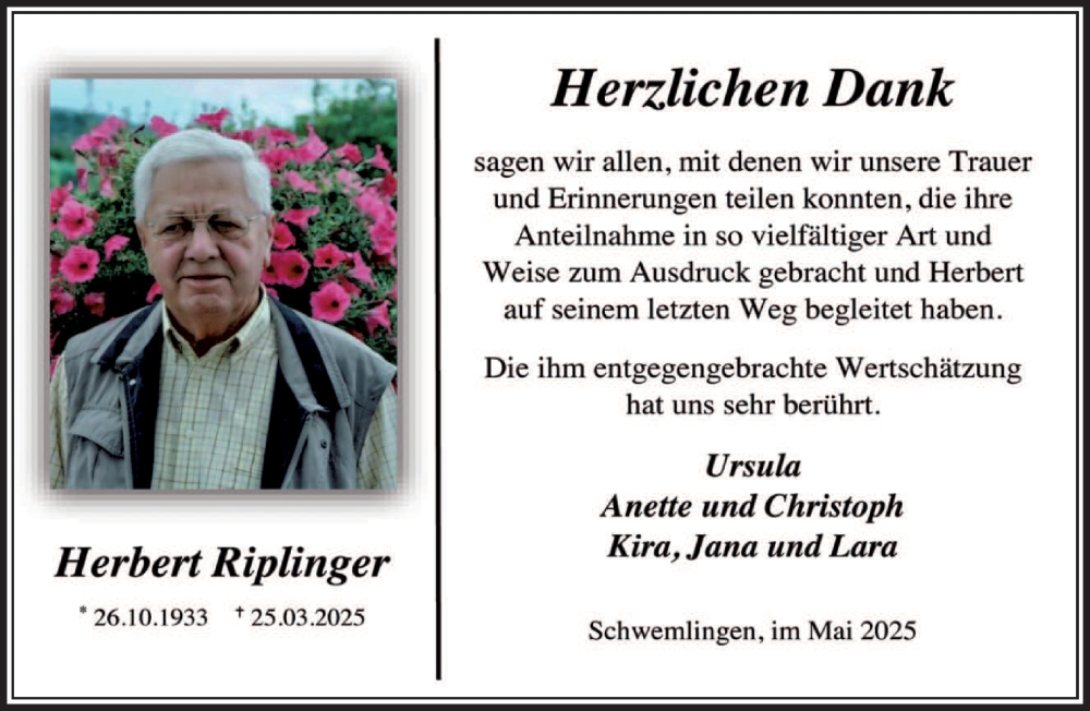  Traueranzeige für Herbert Riplinger vom 14.05.2025 aus saarbruecker_zeitung
