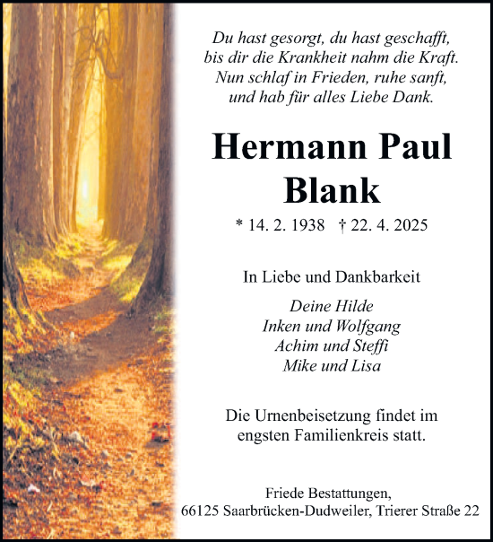 Traueranzeige von Hermann Paul Blank von saarbruecker_zeitung