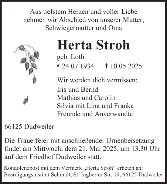 Traueranzeige von Herta Stroh von saarbruecker_zeitung