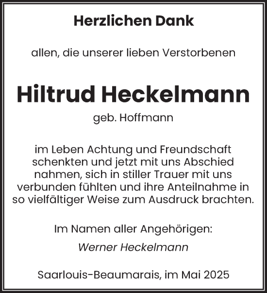 Traueranzeige von Hiltrud Heckelmann von saarbruecker_zeitung