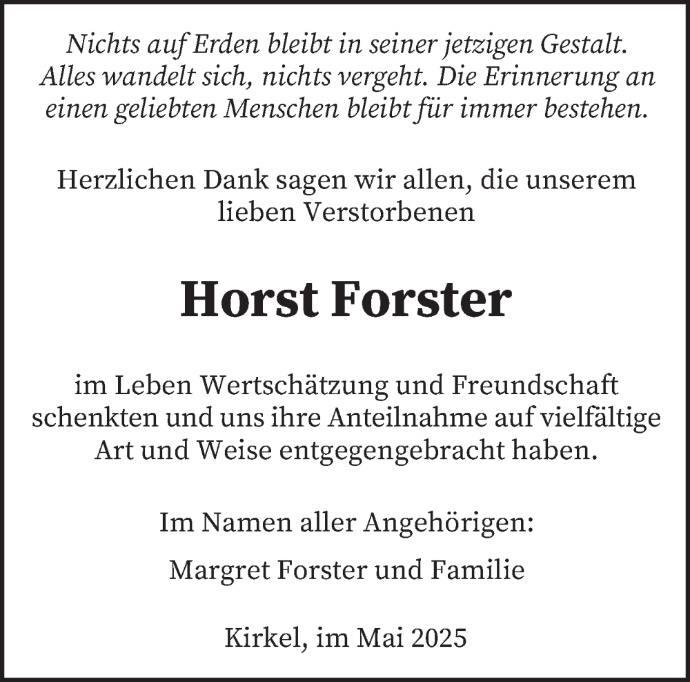  Traueranzeige für Horst Forster vom 02.05.2025 aus saarbruecker_zeitung