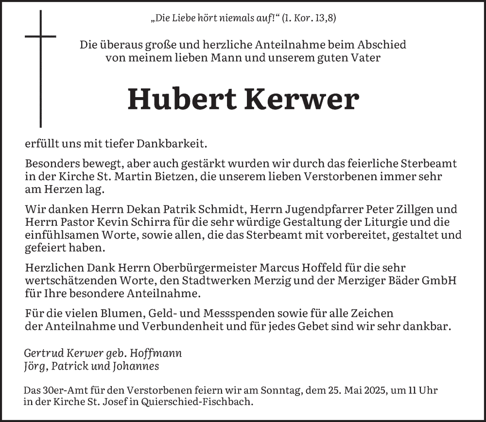  Traueranzeige für Hubert Kerwer vom 17.05.2025 aus saarbruecker_zeitung