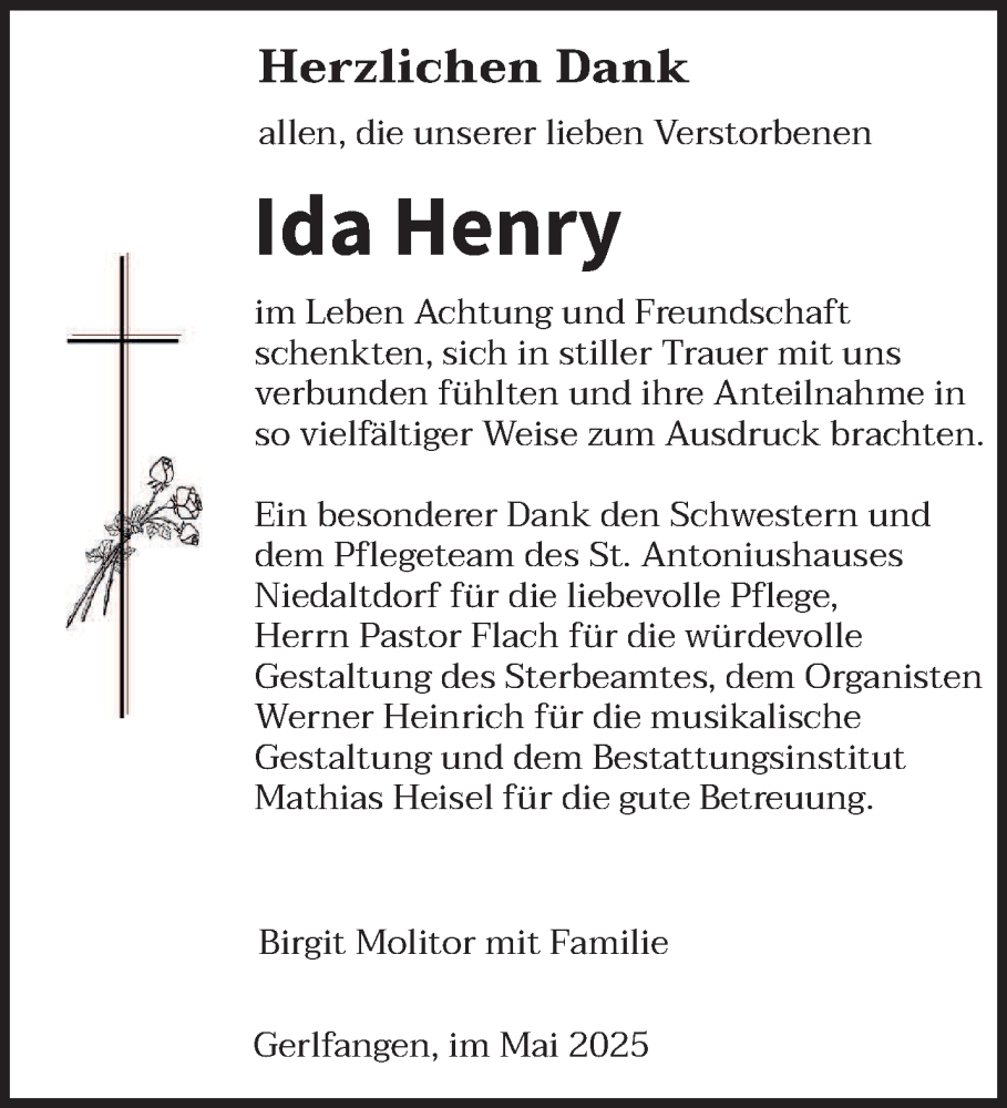  Traueranzeige für Ida Henry vom 10.05.2025 aus saarbruecker_zeitung