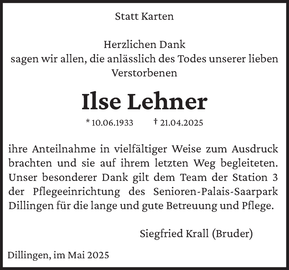  Traueranzeige für Ilse Lehner vom 24.05.2025 aus saarbruecker_zeitung