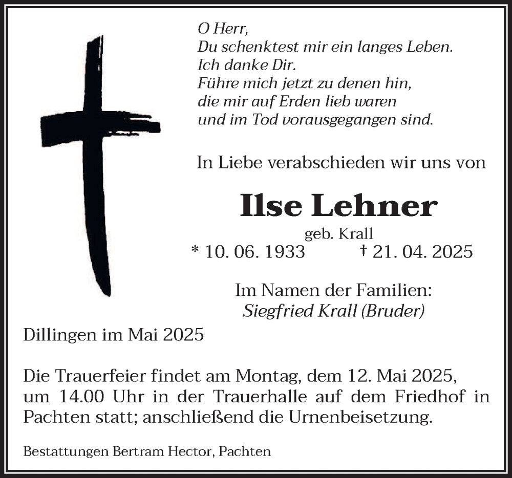  Traueranzeige für Ilse Lehner vom 03.05.2025 aus saarbruecker_zeitung