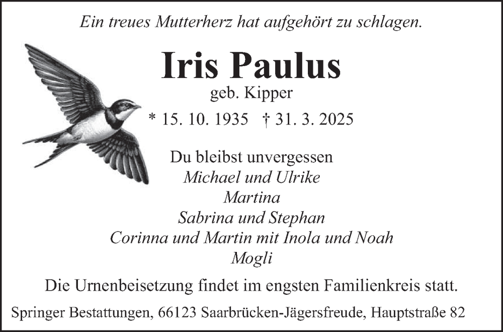  Traueranzeige für Iris Paulus vom 03.05.2025 aus saarbruecker_zeitung