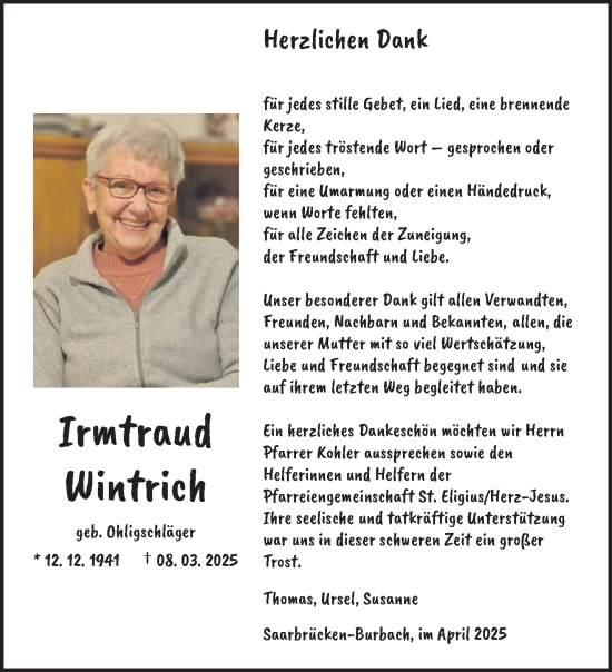 Traueranzeige von Irmtraud Wintrich von saarbruecker_zeitung