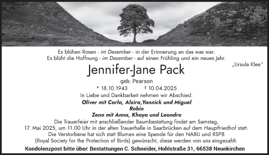 Traueranzeige von Jennifer-Jane Pack von saarbruecker_zeitung