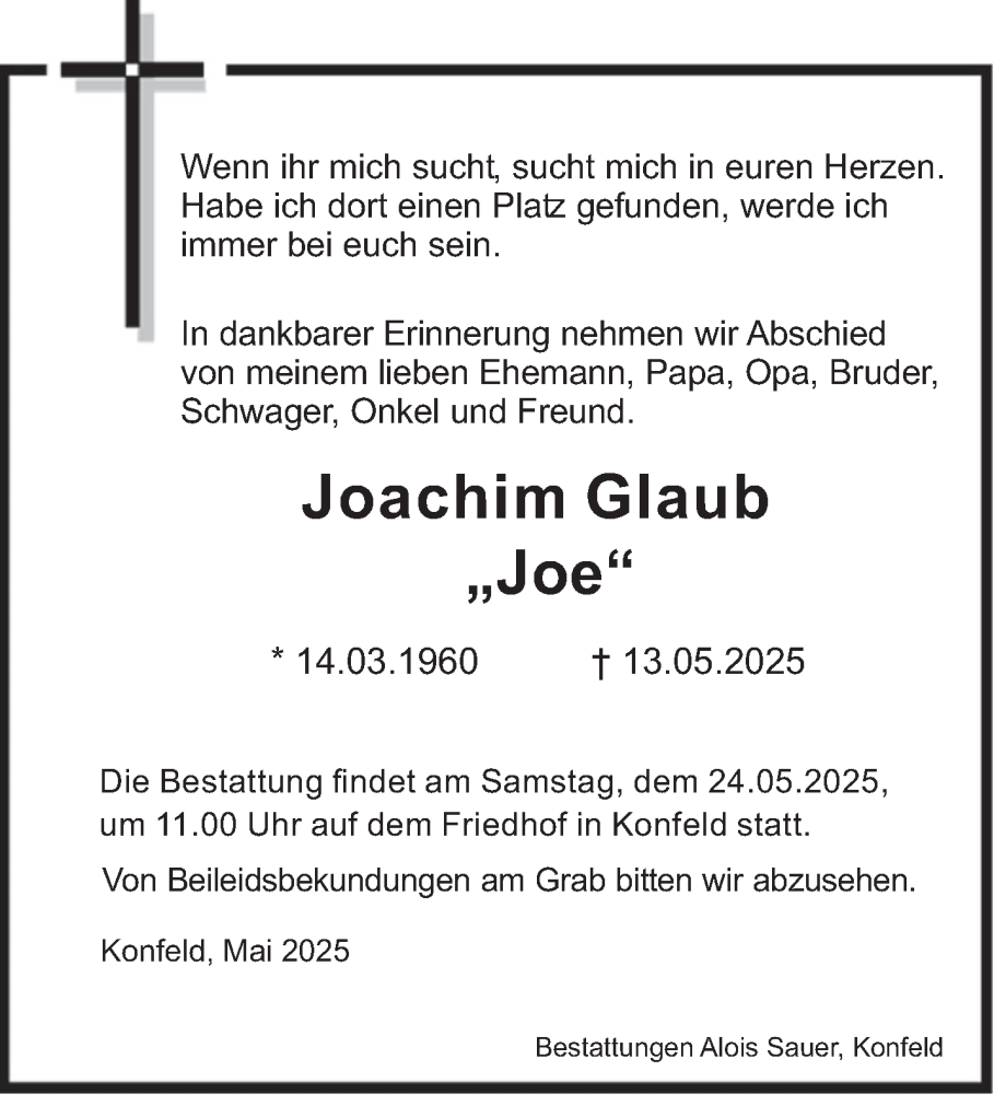  Traueranzeige für Joachim Glaub vom 22.05.2025 aus saarbruecker_zeitung
