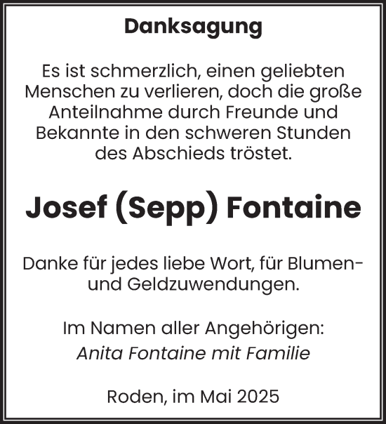 Traueranzeige von Josef Fontaine von saarbruecker_zeitung